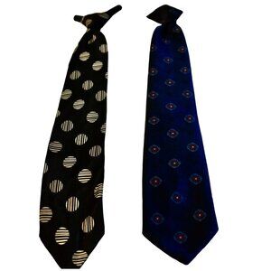 2 Vintage Men's Clip-on Ties One Blue One Black Blue Pattern